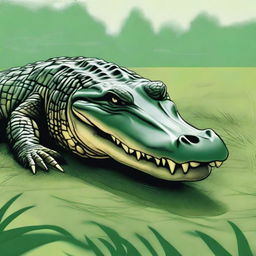 A detailed illustration of a crocodile lying on the grass