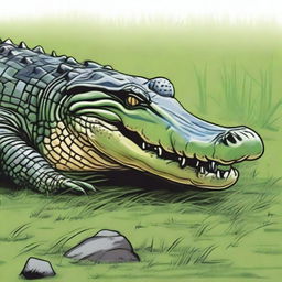 A detailed illustration of a crocodile lying on the grass