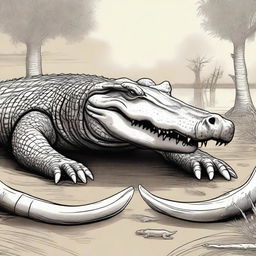 A detailed illustration of a crocodile lying on the ground, surrounded by two large elephant tusks