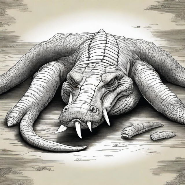 A detailed illustration of a crocodile lying on the ground, surrounded by two large elephant tusks