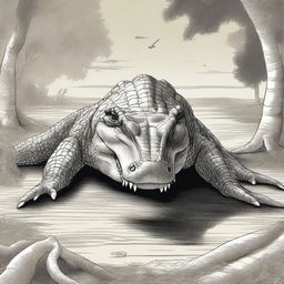 A detailed illustration of a crocodile lying on the ground, surrounded by two large elephant tusks