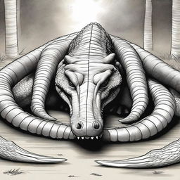 A detailed illustration of a crocodile lying on the ground, surrounded by two large elephant tusks