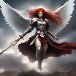 A fierce Valkyrie with flowing red hair and white wings, adorned in intricate armor, wielding an intricately carved two-handed great sword