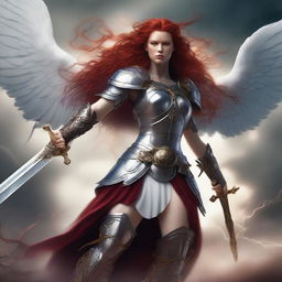 A fierce Valkyrie with flowing red hair and white wings, adorned in intricate armor, wielding an intricately carved two-handed great sword