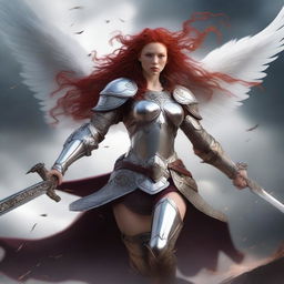 A fierce Valkyrie with flowing red hair and white wings, adorned in intricate armor, wielding an intricately carved two-handed great sword