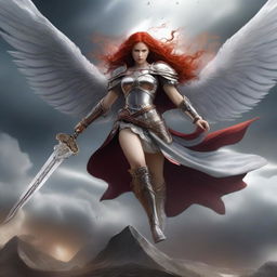 A fierce Valkyrie with flowing red hair and white wings, adorned in intricate armor, wielding an intricately carved two-handed great sword