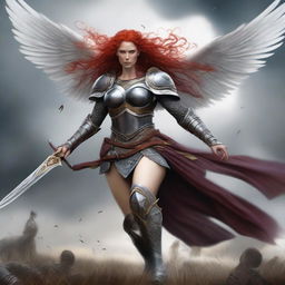 A fierce Valkyrie with flowing red hair and white wings, adorned in intricate armor, wielding an intricately carved two-handed great sword