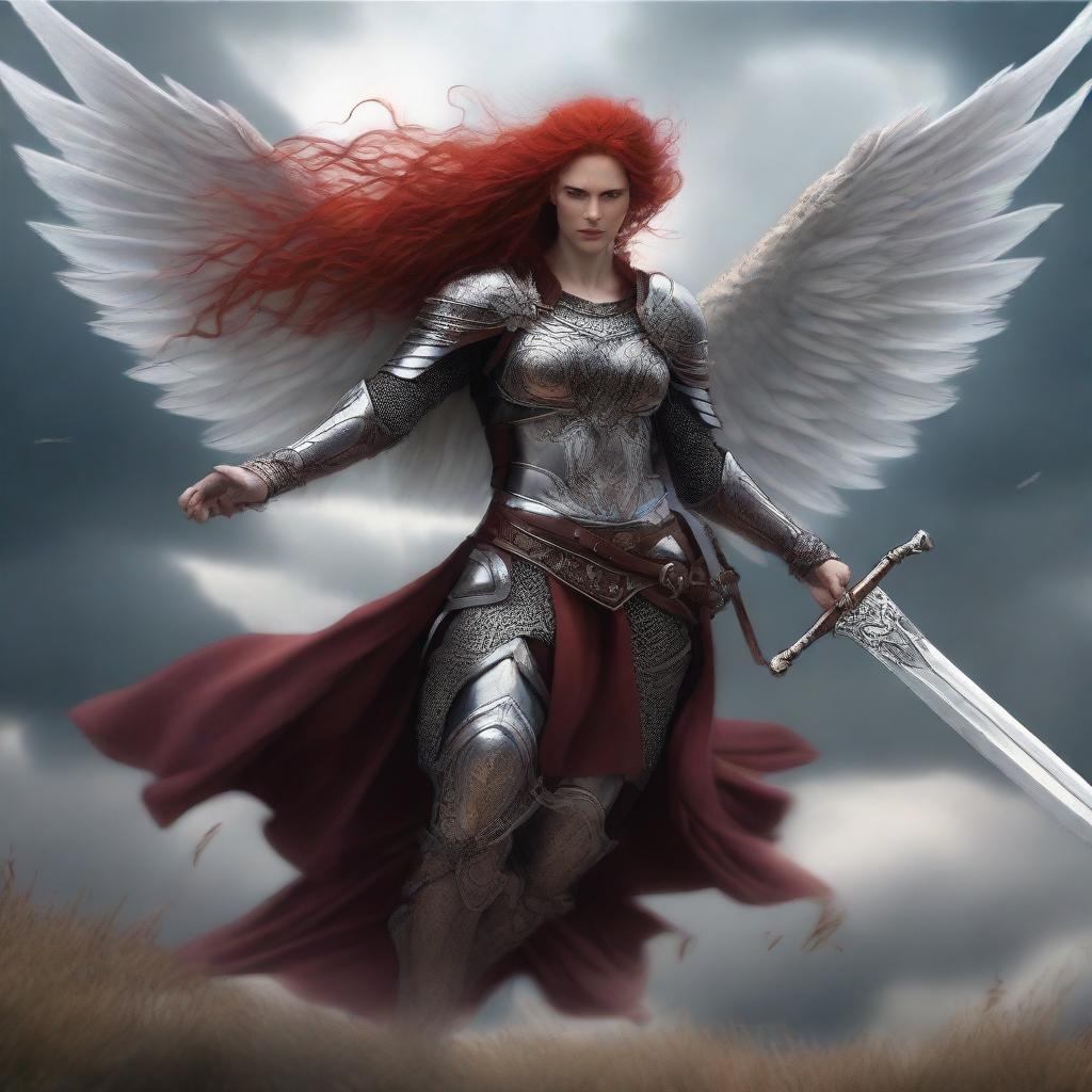 A fierce Valkyrie with flowing red hair and white wings, adorned in intricate armor, wielding an intricately carved two-handed great sword