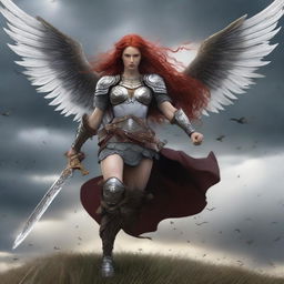 A fierce Valkyrie with flowing red hair and white wings, adorned in intricate armor, wielding an intricately carved two-handed great sword