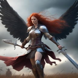 A fierce Valkyrie with flowing red hair and white wings, adorned in intricate armor, wielding an intricately carved two-handed great sword