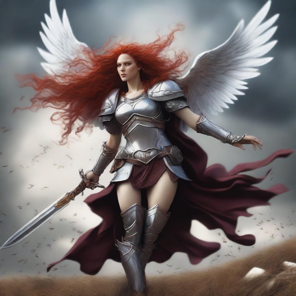 A fierce Valkyrie with flowing red hair and white wings, adorned in intricate armor, wielding an intricately carved two-handed great sword