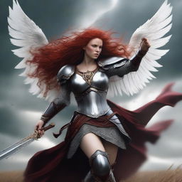 A fierce Valkyrie with flowing red hair and white wings, adorned in intricate armor, wielding an intricately carved two-handed great sword