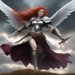 A fierce Valkyrie with flowing red hair and white wings, adorned in intricate armor, wielding an intricately carved two-handed great sword