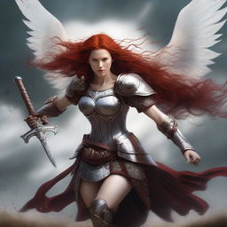 A fierce Valkyrie with flowing red hair and white wings, adorned in intricate armor, wielding an intricately carved two-handed great sword