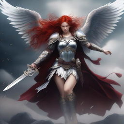 A fierce Valkyrie with flowing red hair and white wings, adorned in intricate armor, wielding an intricately carved great sword