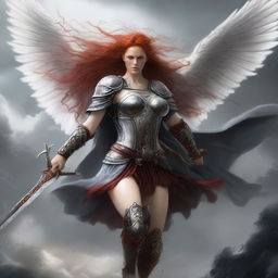 A fierce Valkyrie with flowing red hair and white wings, adorned in intricate armor, wielding an intricately carved great sword