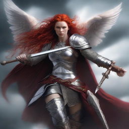 A fierce Valkyrie with flowing red hair and white wings, adorned in intricate armor, wielding an intricately carved great sword