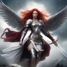 A fierce Valkyrie with flowing red hair and white wings, adorned in intricate armor, wielding an intricately carved great sword