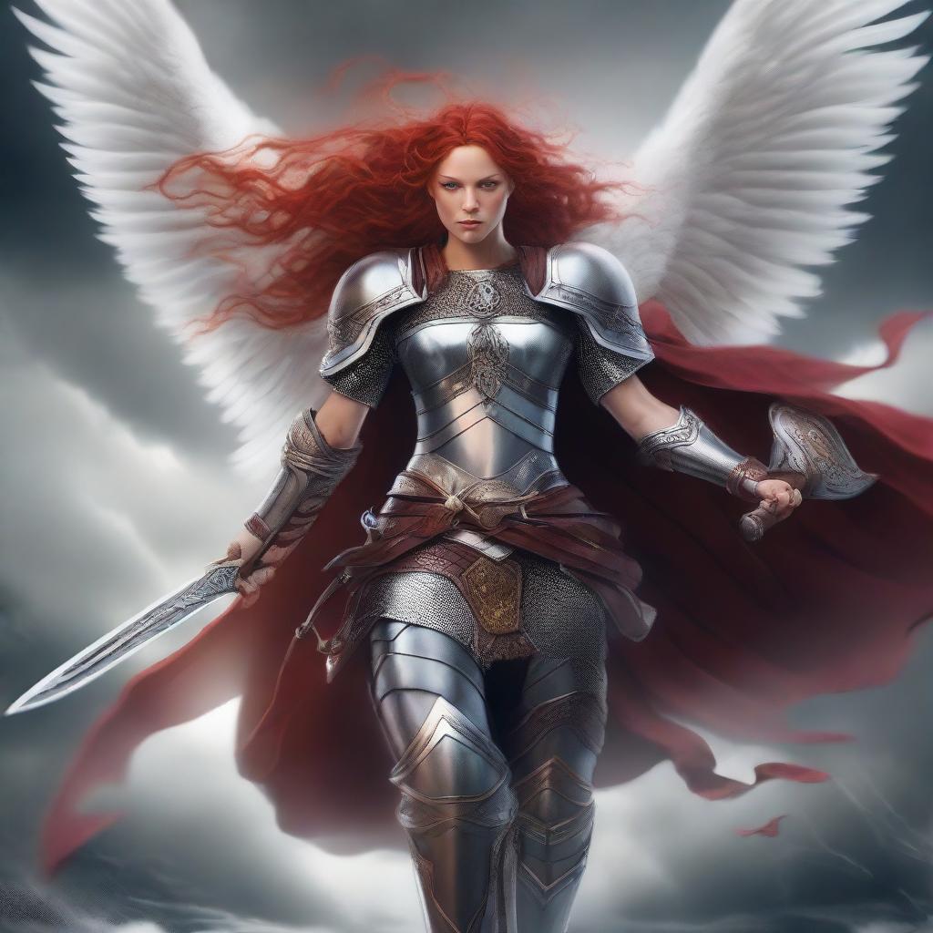 A fierce Valkyrie with flowing red hair and white wings, adorned in intricate armor