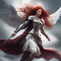 A fierce Valkyrie with flowing red hair and white wings, adorned in intricate armor