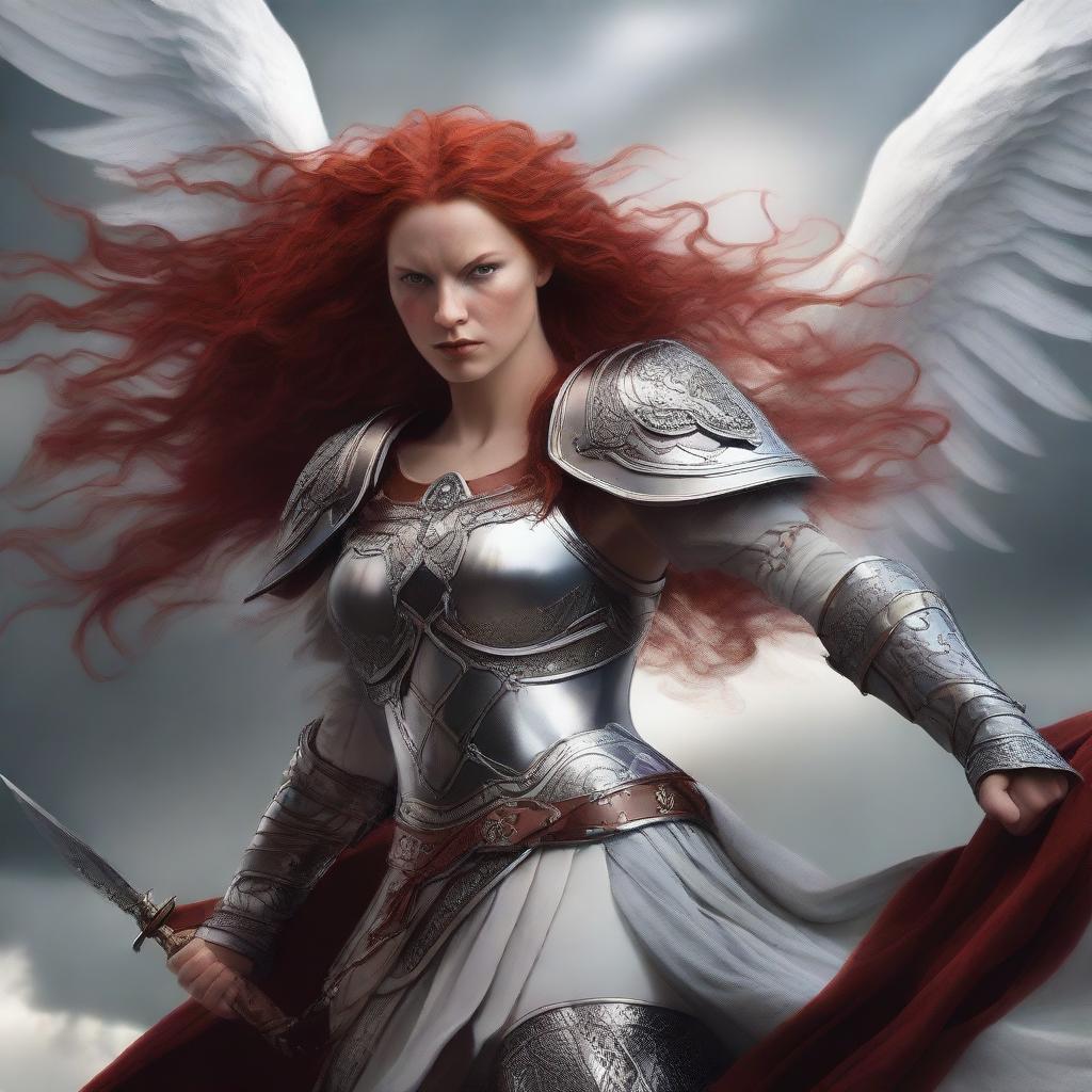 A fierce Valkyrie with flowing red hair and white wings, adorned in intricate armor