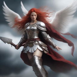 A fierce Valkyrie with flowing red hair and white wings, adorned in intricate armor