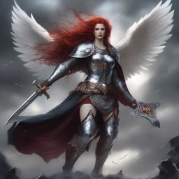 A fierce Valkyrie with flowing red hair and white wings, adorned in intricate armor