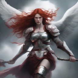 A fierce Valkyrie with flowing red hair and white wings, adorned in intricate armor