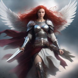 A fierce Valkyrie with flowing red hair and white wings, adorned in intricate armor