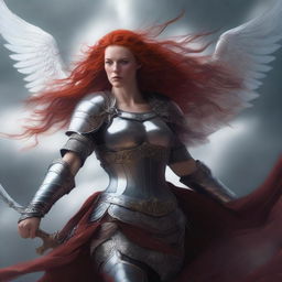 A fierce Valkyrie with flowing red hair and white wings, adorned in intricate armor