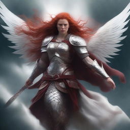 A fierce Valkyrie with flowing red hair and white wings, adorned in intricate armor