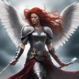 A fierce Valkyrie with flowing red hair and white wings, adorned in intricate armor