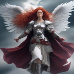 A fierce Valkyrie with flowing red hair and white wings, adorned in intricate armor