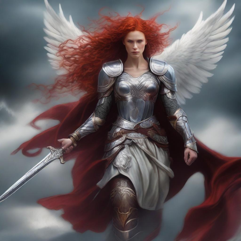 A fierce Valkyrie with flowing red hair and white wings, adorned in intricate armor