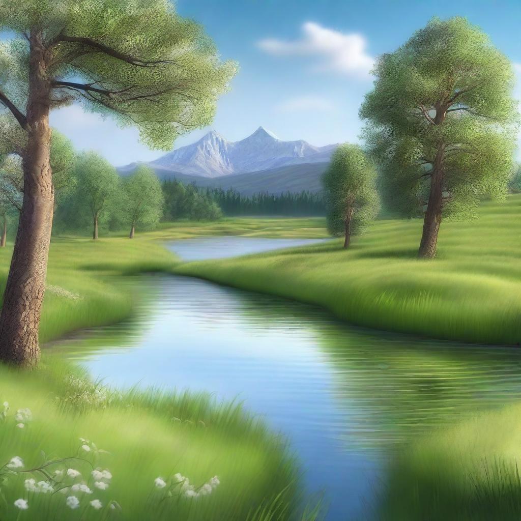 Create a photorealistic image of a serene landscape featuring a lush green meadow, a clear blue sky with a few fluffy clouds, and a sparkling river running through the meadow