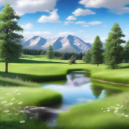 Create a photorealistic image of a serene landscape featuring a lush green meadow, a clear blue sky with a few fluffy clouds, and a sparkling river running through the meadow