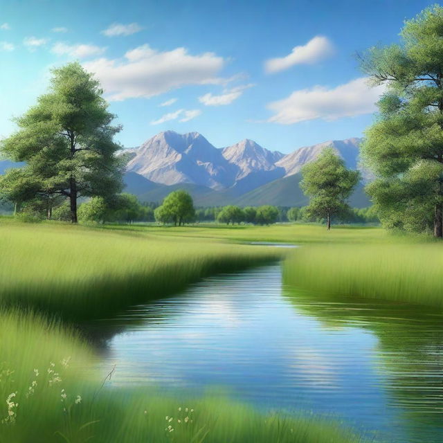 Create a photorealistic image of a serene landscape featuring a lush green meadow, a clear blue sky with a few fluffy clouds, and a sparkling river running through the meadow