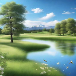 Create a photorealistic image of a serene landscape featuring a lush green meadow, a clear blue sky with a few fluffy clouds, and a sparkling river running through the meadow