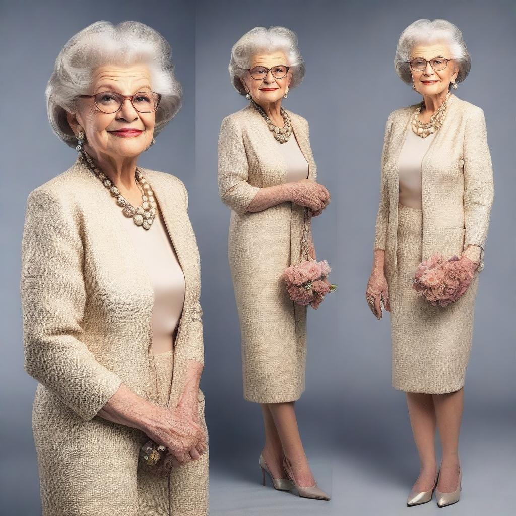 Create an image of an elderly woman dressed in a stylish and elegant outfit