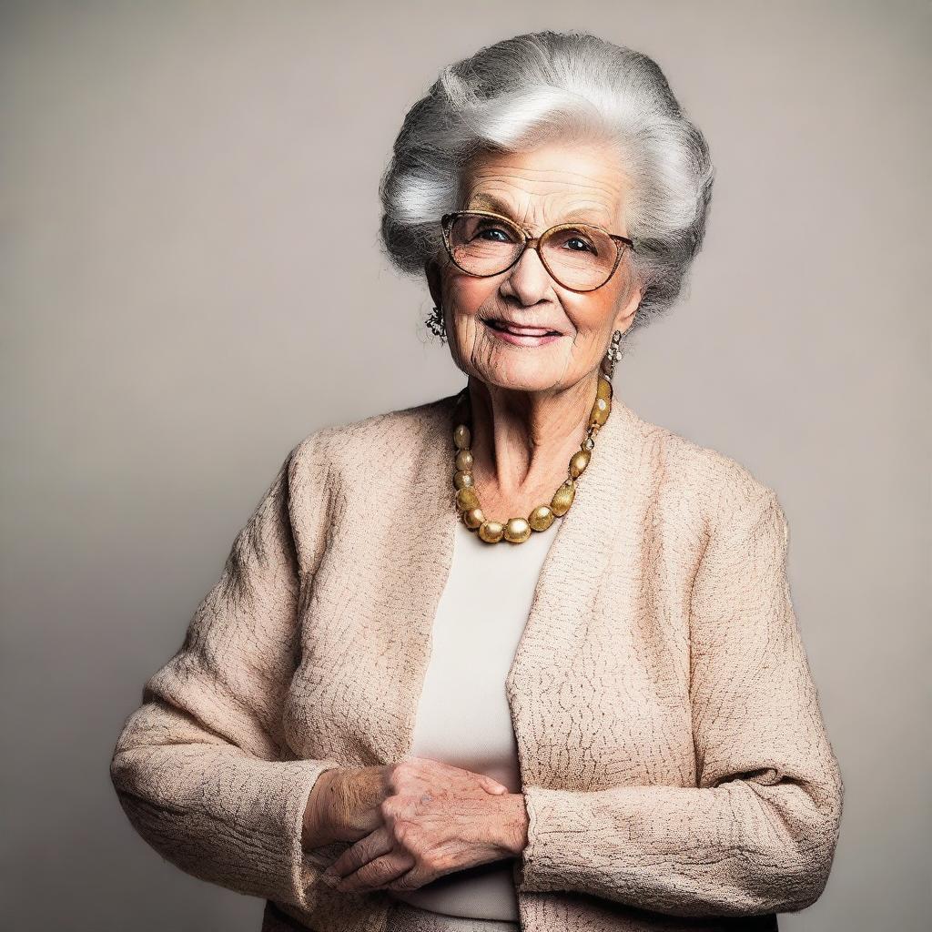 Create an image of an elderly woman dressed in a stylish and elegant outfit