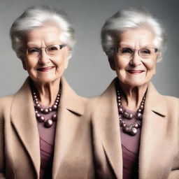 Create an image of an elderly woman dressed in a stylish and elegant outfit