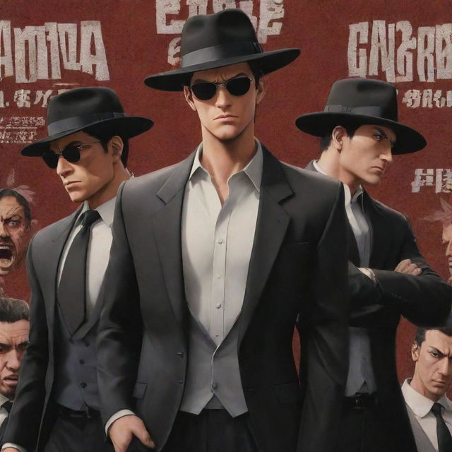 A group of fierce, angry gangsters styled in 3D anime, bearing the group title 'Mafia Elhombre' prominently displayed above them