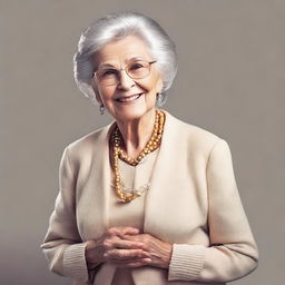 Create an image of an elderly woman dressed in a stylish and elegant outfit