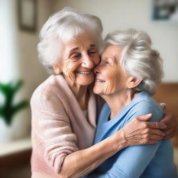 Create an image of an elderly woman hugging her young grandson