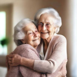 Create an image of an elderly woman hugging her young grandson