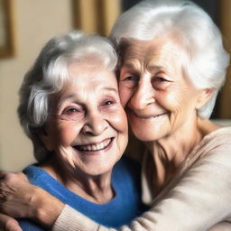 Create an image of an elderly woman hugging her young grandson