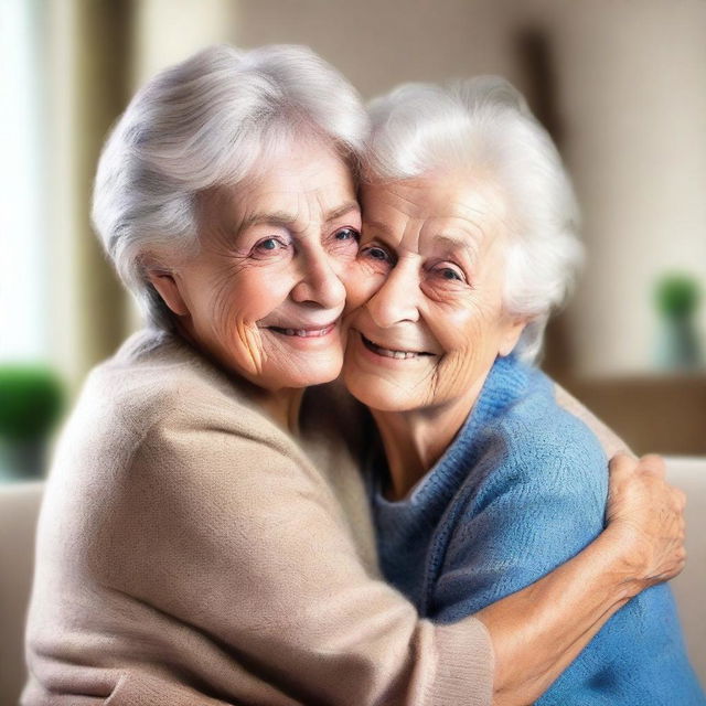 Create an image of an elderly woman hugging her young grandson