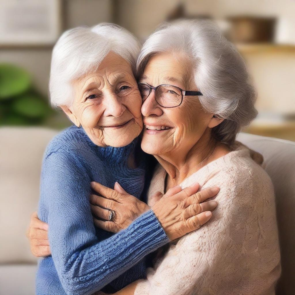 Create an image of an elderly woman warmly hugging her young grandson