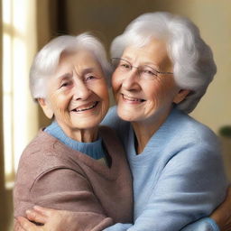 Create an image of an elderly woman warmly hugging her young grandson