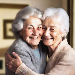 Create an image of an elderly woman warmly hugging her young grandson